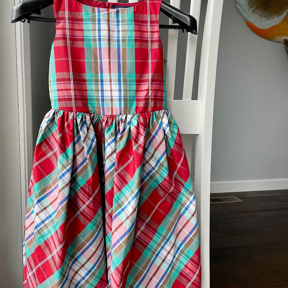 Lands End Girls Red Tartan Taffeta Holiday Dress